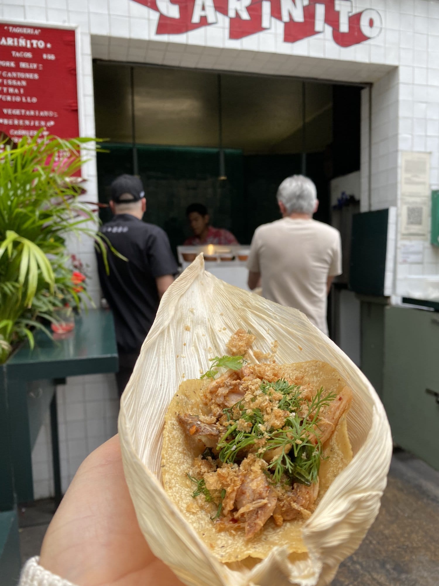 Pork belly taco held up in front of the Cariñito taquería counter in Roma Norte, Mexico City