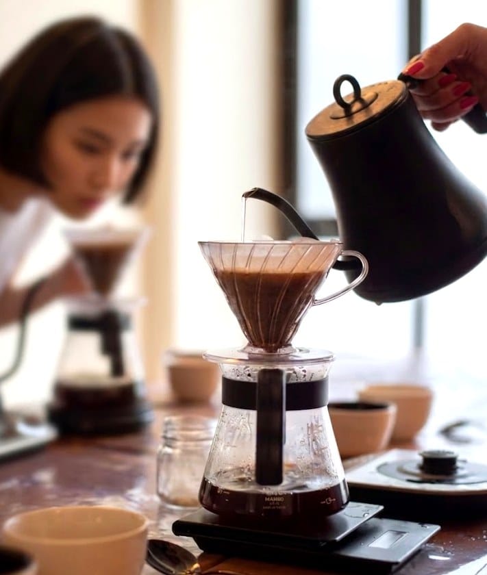 Pour-over coffee being brewed at a coffee tasting in Condesa, Mexico City