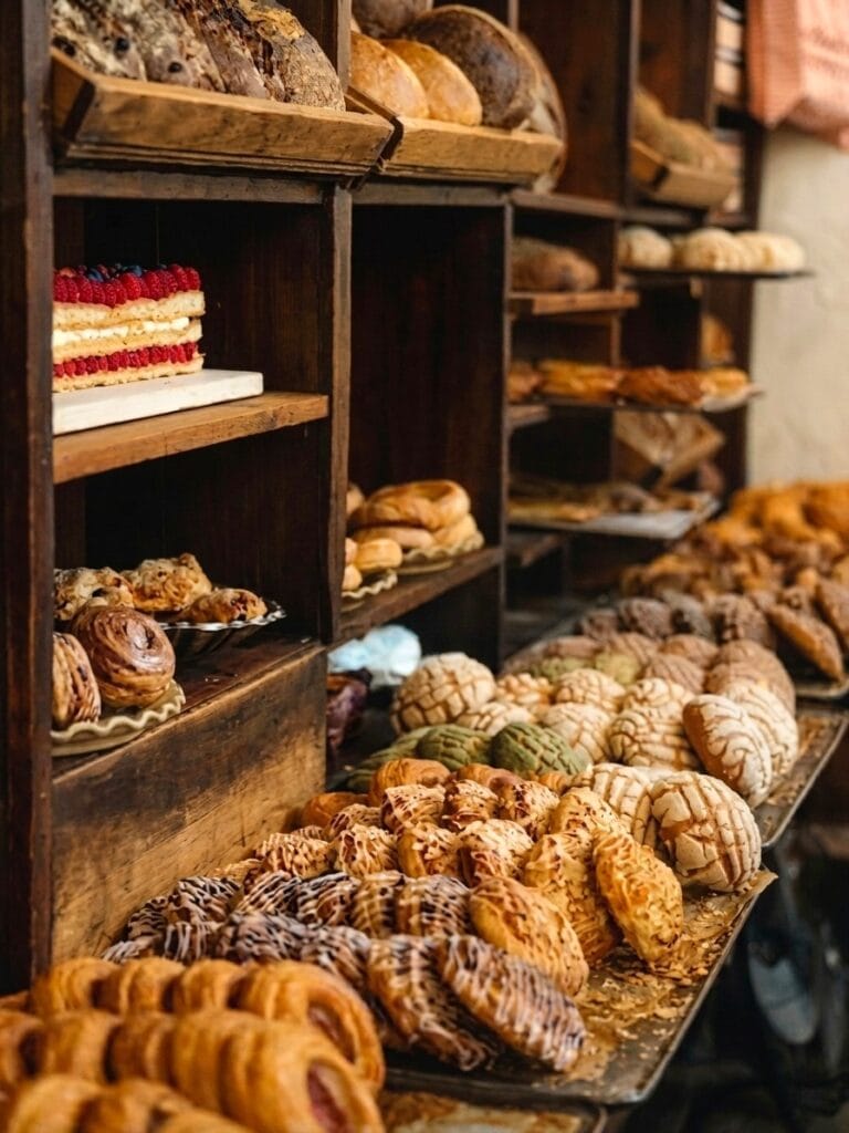 Wooden shelves of conchas and pan dulce with a raspberry layer cake at a Mexico City panadería