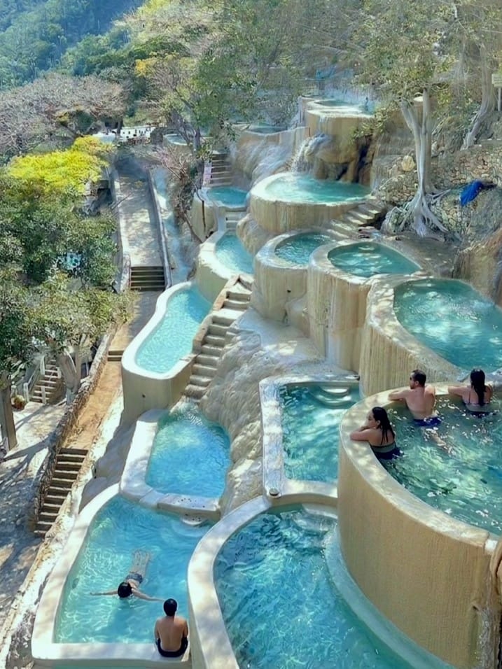 The terraced turquoise cliffside pools at Grutas de Tolantongo, Hidalgo, Mexico