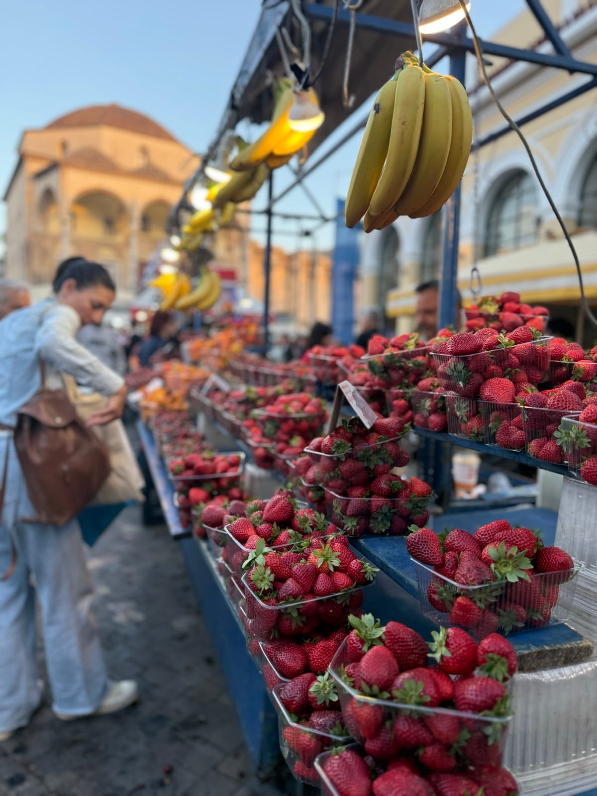 Strawberry stalls on a produce street near Monastiraki in Athens