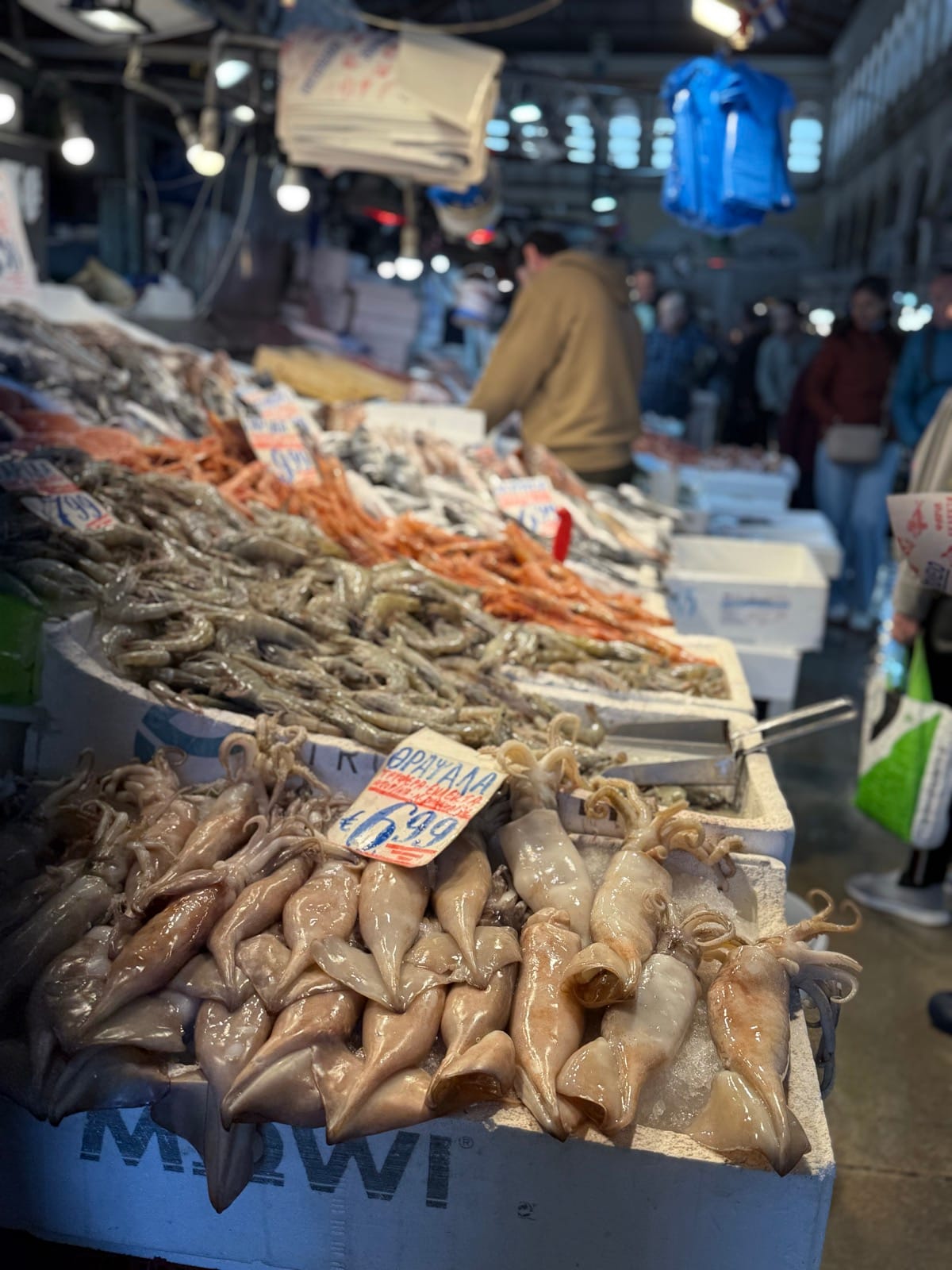Fresh squid and shrimp on ice at a seafood stall in the Varvakios central market in Athens